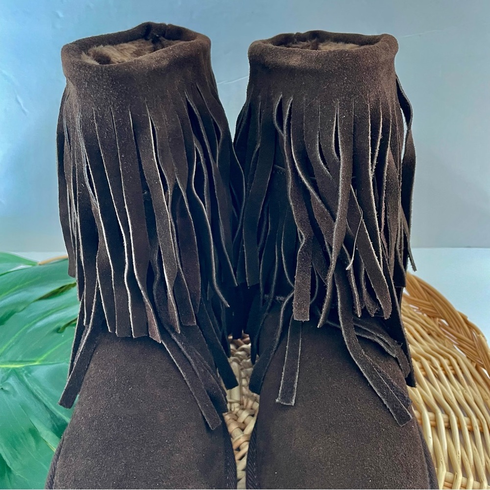 Minnetonka NWOT Moccasin brown suede fringe hippie boho faux fur boots size 6 - Picture 11 of 14